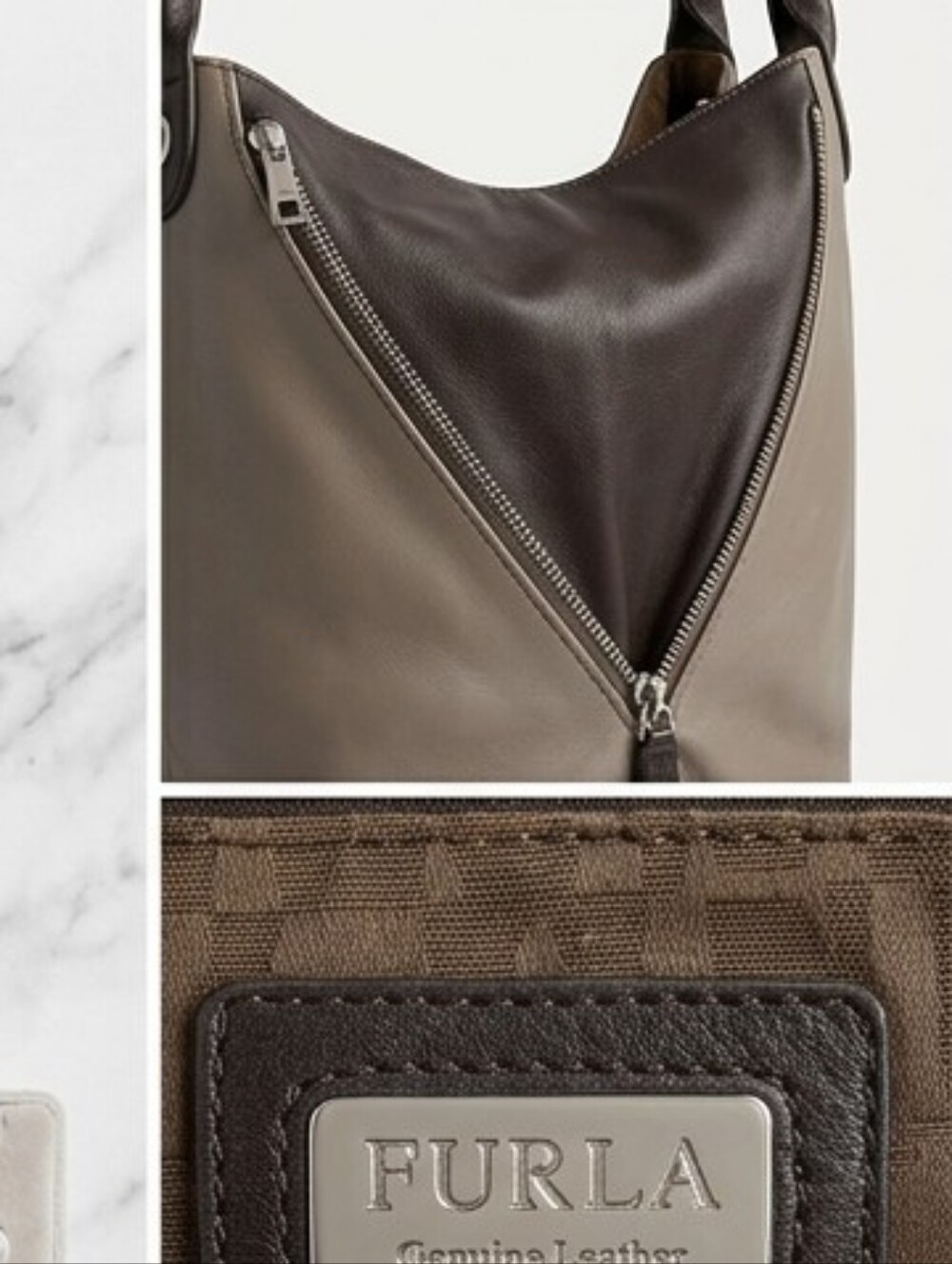 FURLA Genuine Leather Two-Tone Hobo Bag, Taupe & Espresso, Large - Picture 3 of 3